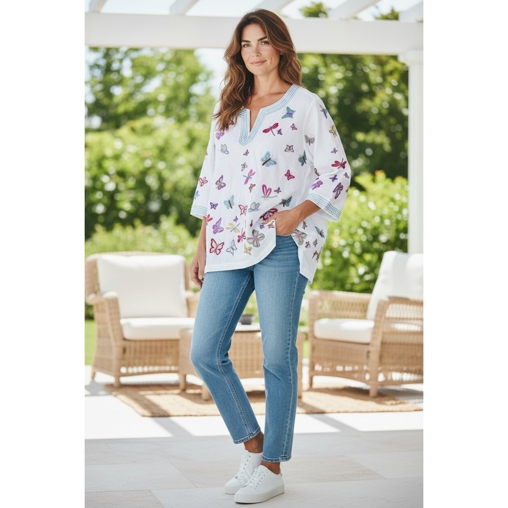 John Mark Petite Large White Linen Blend Butterfly Embroidery Tunic PL NWT‎